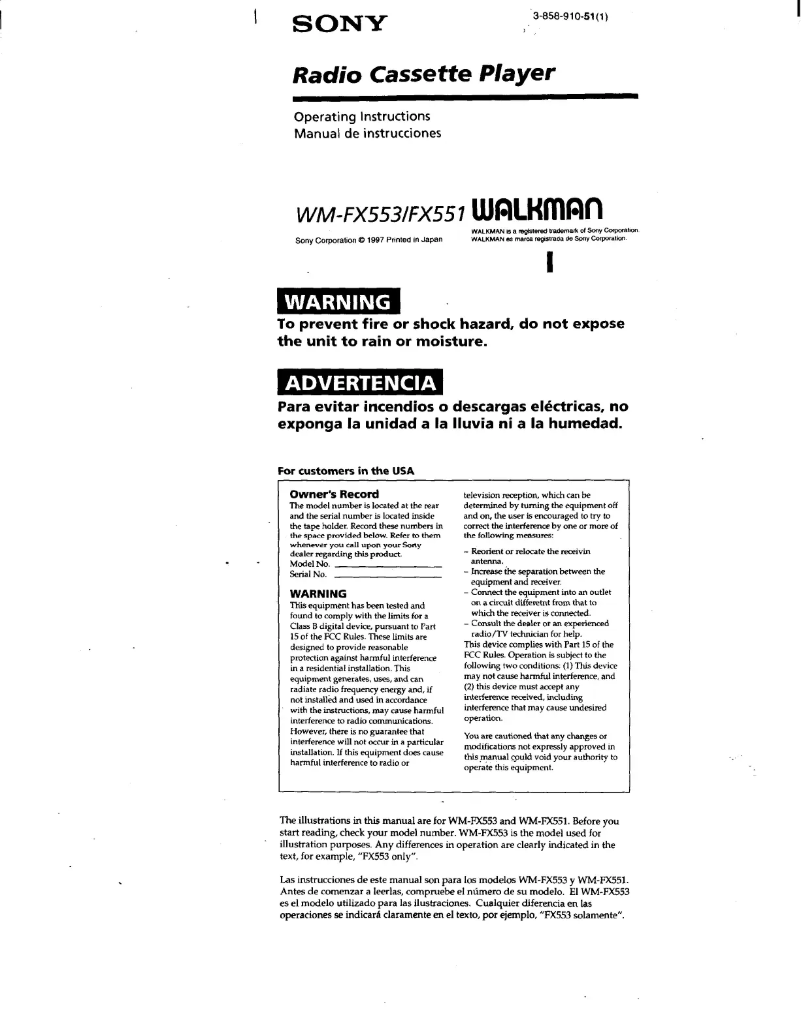 Page 1 de la notice Manuel utilisateur Sony Walkman WM-FX553