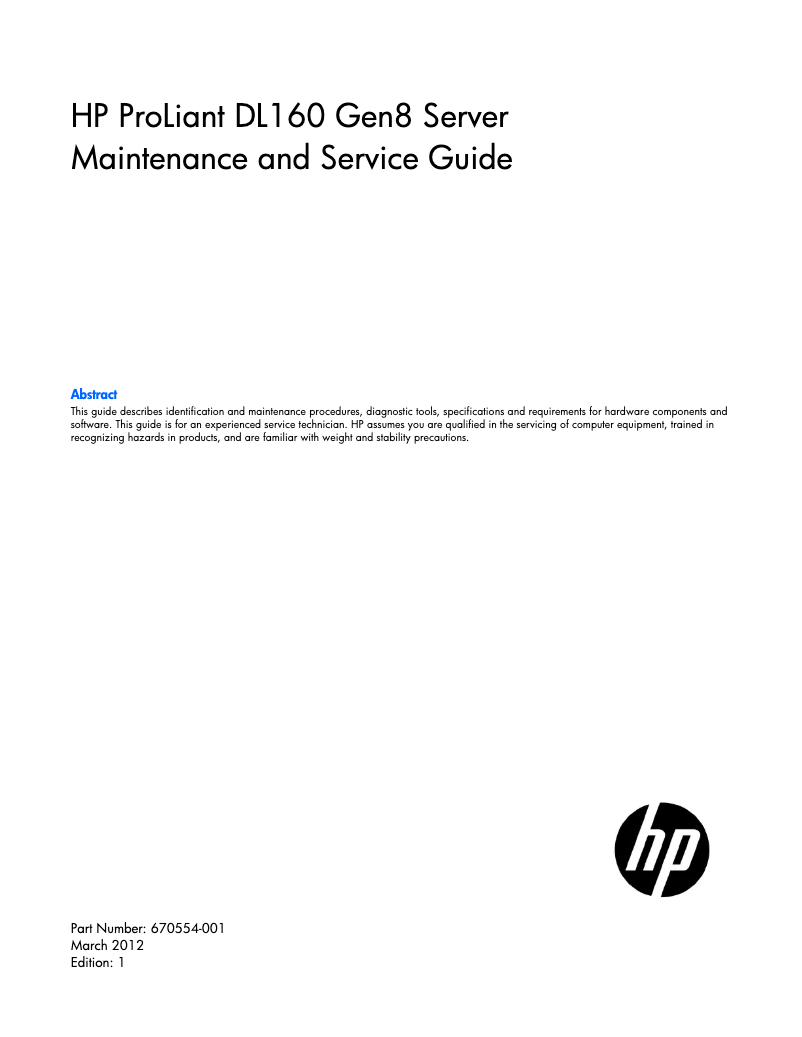 Page n°1 - Manuel utilisateur HP ProLiant DL160 G8