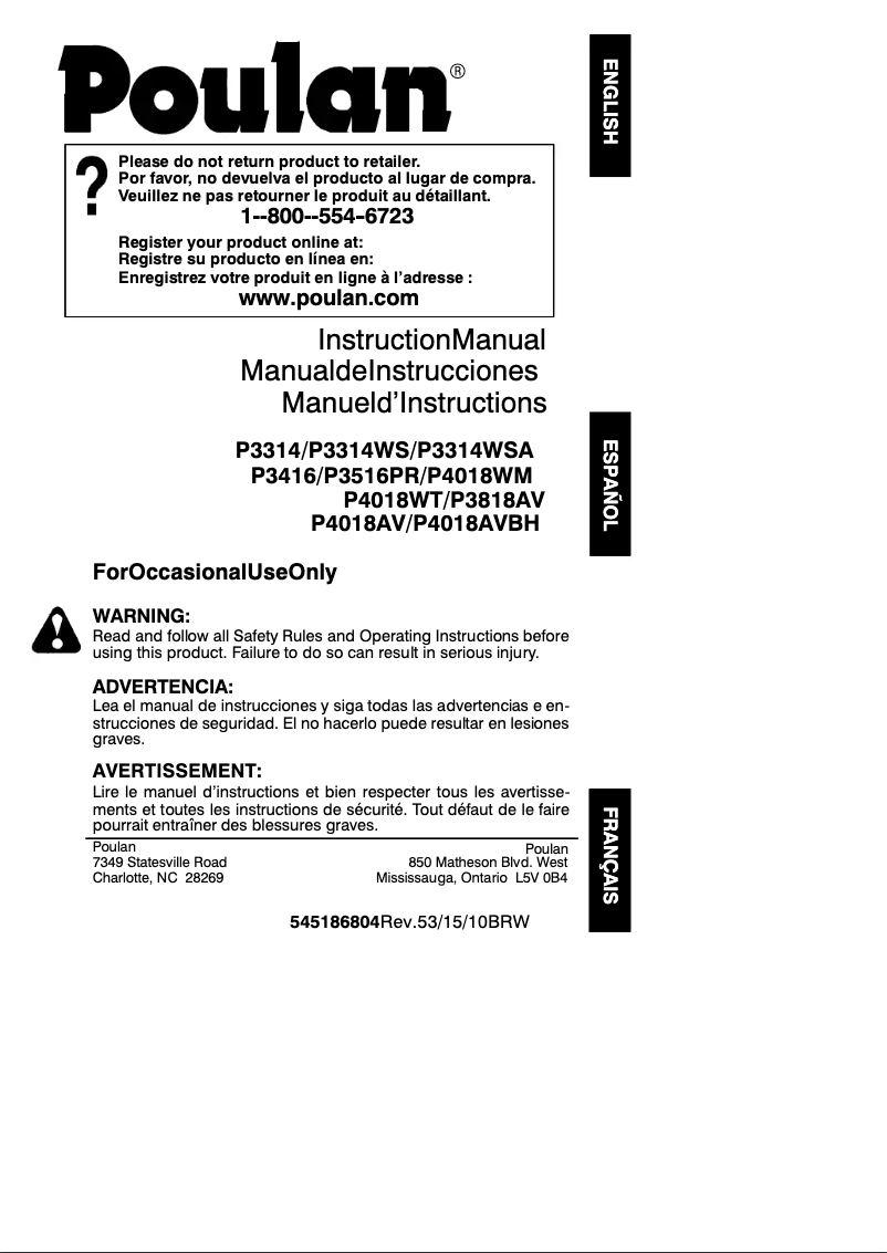 Page n°1 - Manuel utilisateur Poulan P3314WS