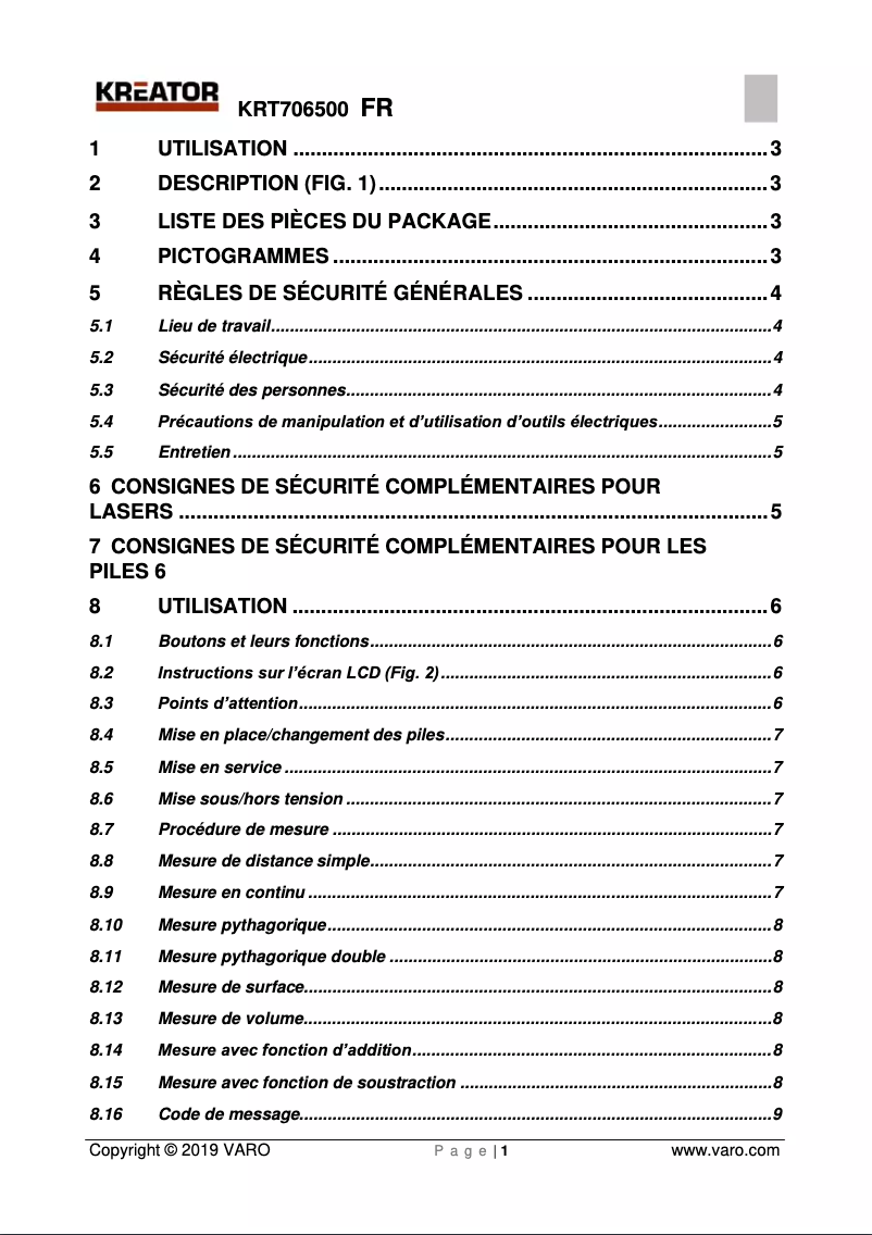 Page 1 de la notice Manuel utilisateur Kreator KRT706500