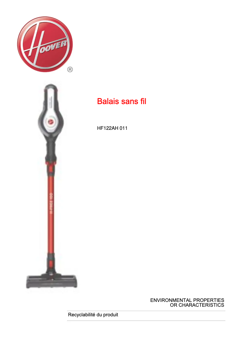 Page n°1 - Fiche technique Hoover HF122AH 011