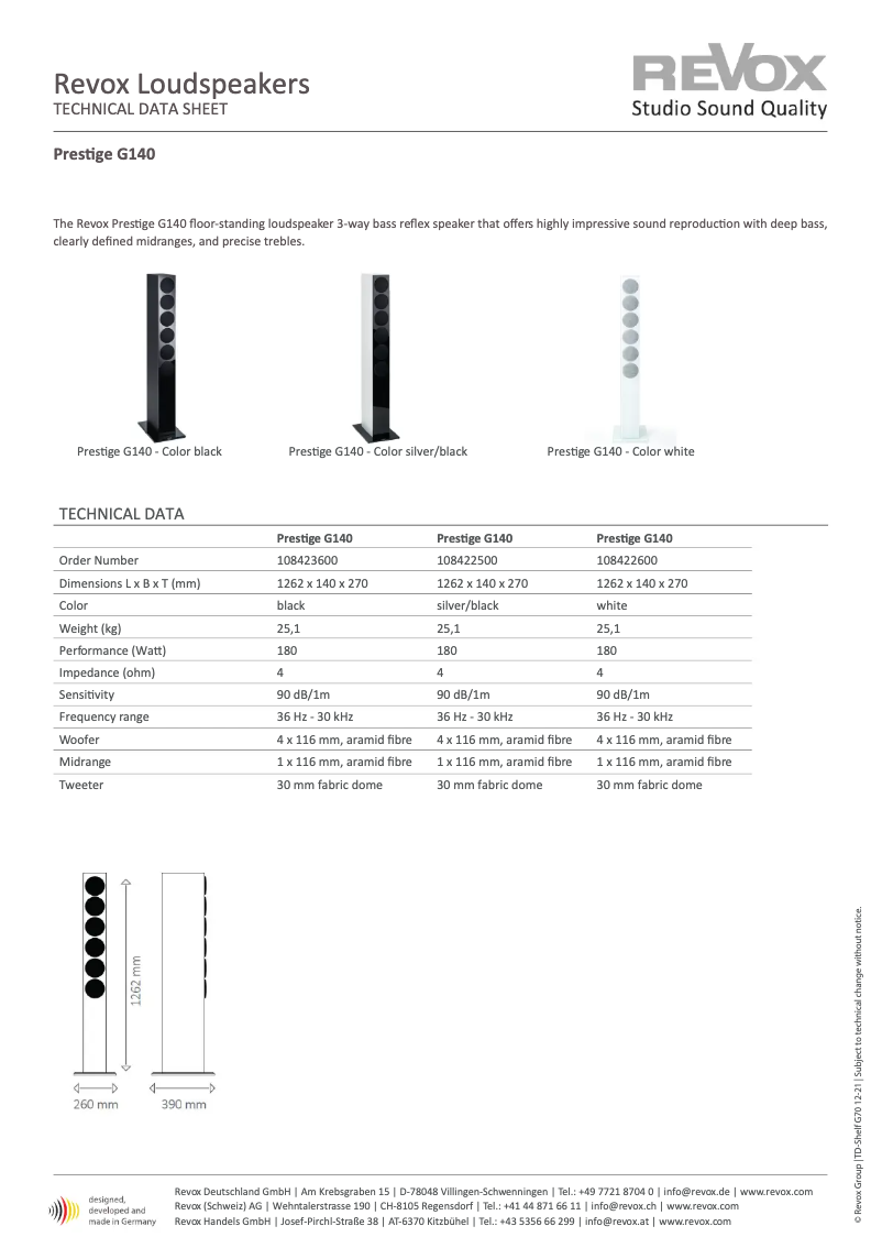 Page 1 de la notice Fiche technique Revox Prestige G140