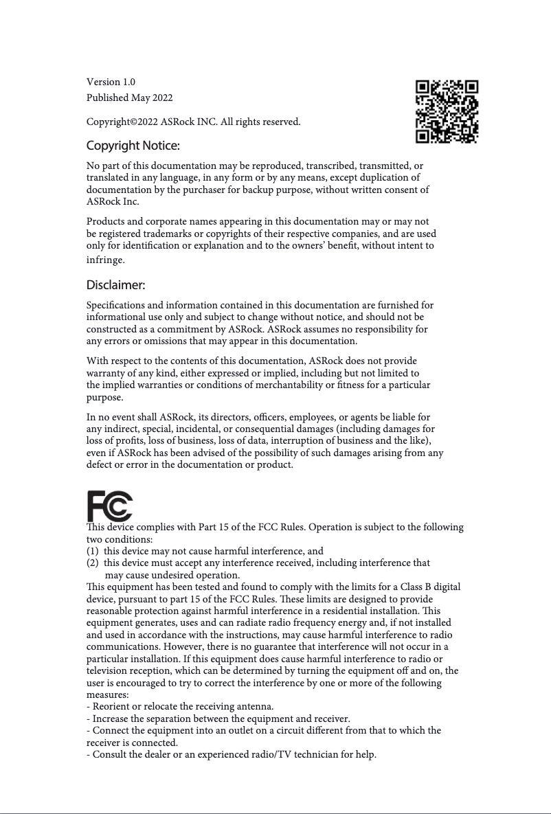 Page 1 de la notice Manuel utilisateur Asrock H610M/ac