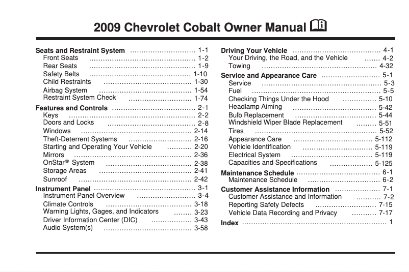 Image de la première page du manuel de l'appareil Cobalt (2009)