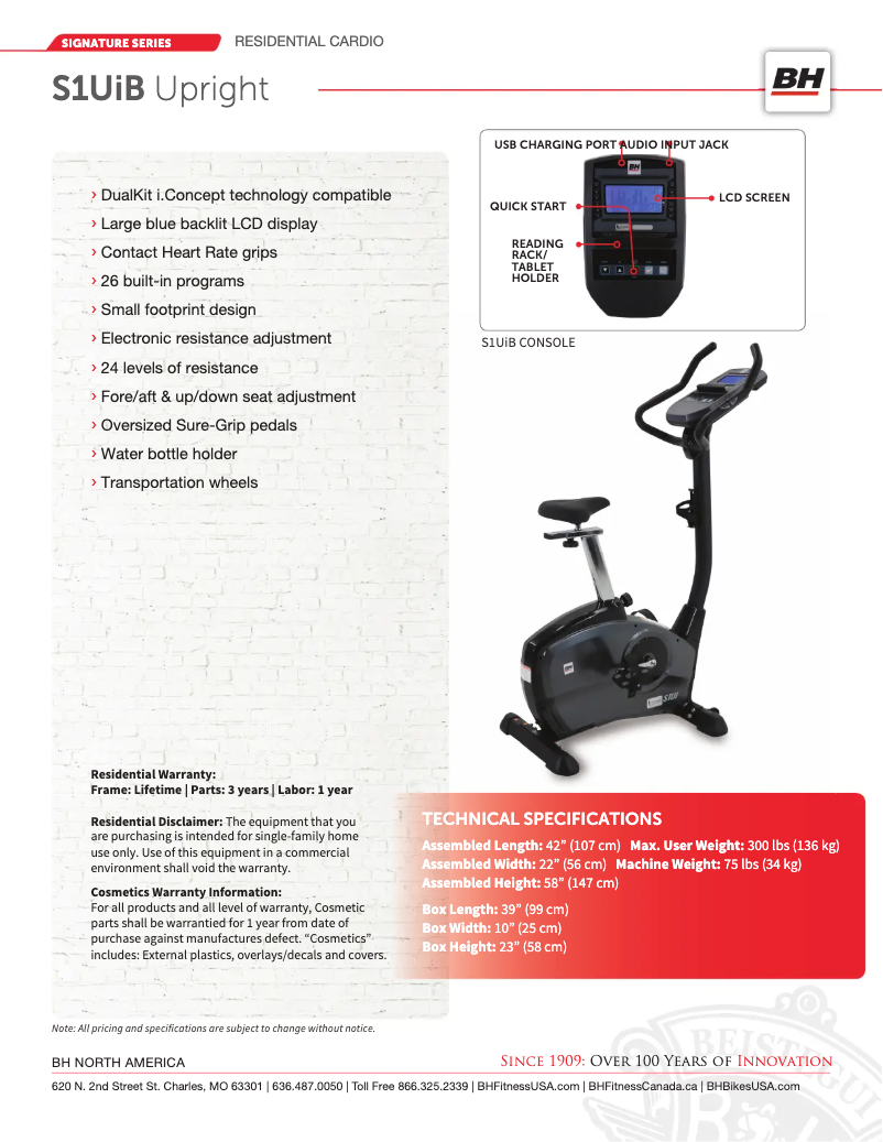 Page 1 de la notice Fiche technique BH Fitness S1UiB