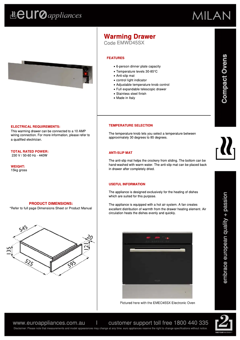 Page 1 de la notice Fiche technique Euro Appliances Milan EMWD45SX
