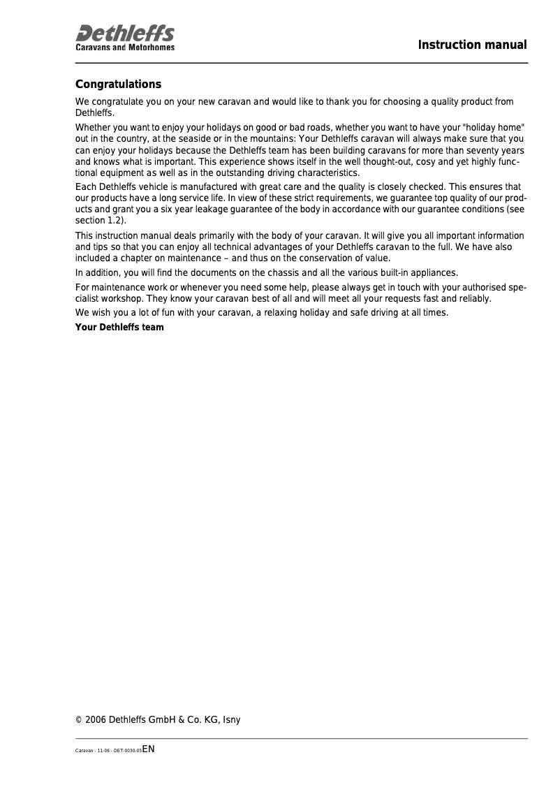 Page 1 de la notice Manuel utilisateur Dethleffs 2007