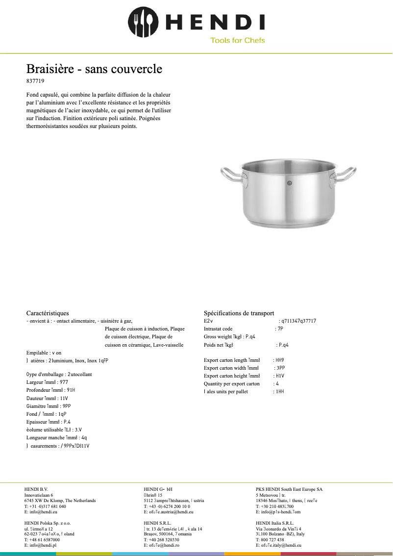 Page 1 de la notice Fiche technique Hendi 837726
