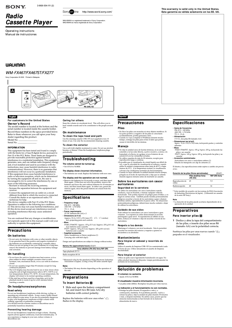 Page 1 de la notice Manuel utilisateur Sony Walkman WM-FX467