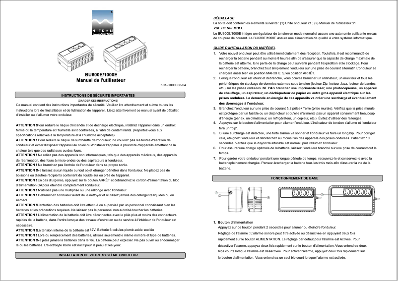 Page n°1 - Manuel utilisateur Nitram BU600E