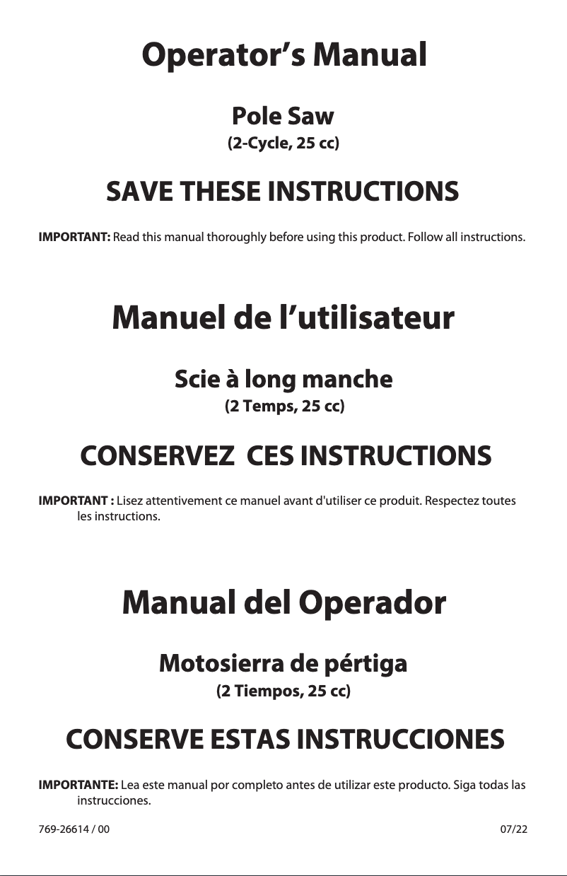 Page 1 de la notice Manuel utilisateur Troy-Bilt TB25PS