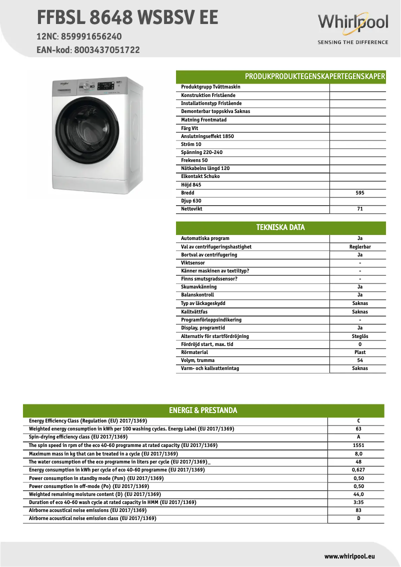 Página 1 del manual Ficha técnica Whirlpool FFBSL 8648 WSBSV