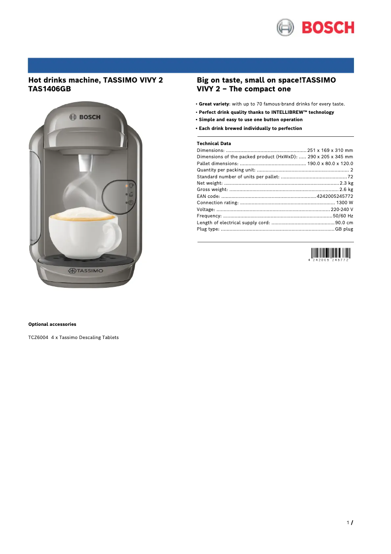 Page n°1 - Fiche technique Bosch Tassimo Vivy 2 TAS1406