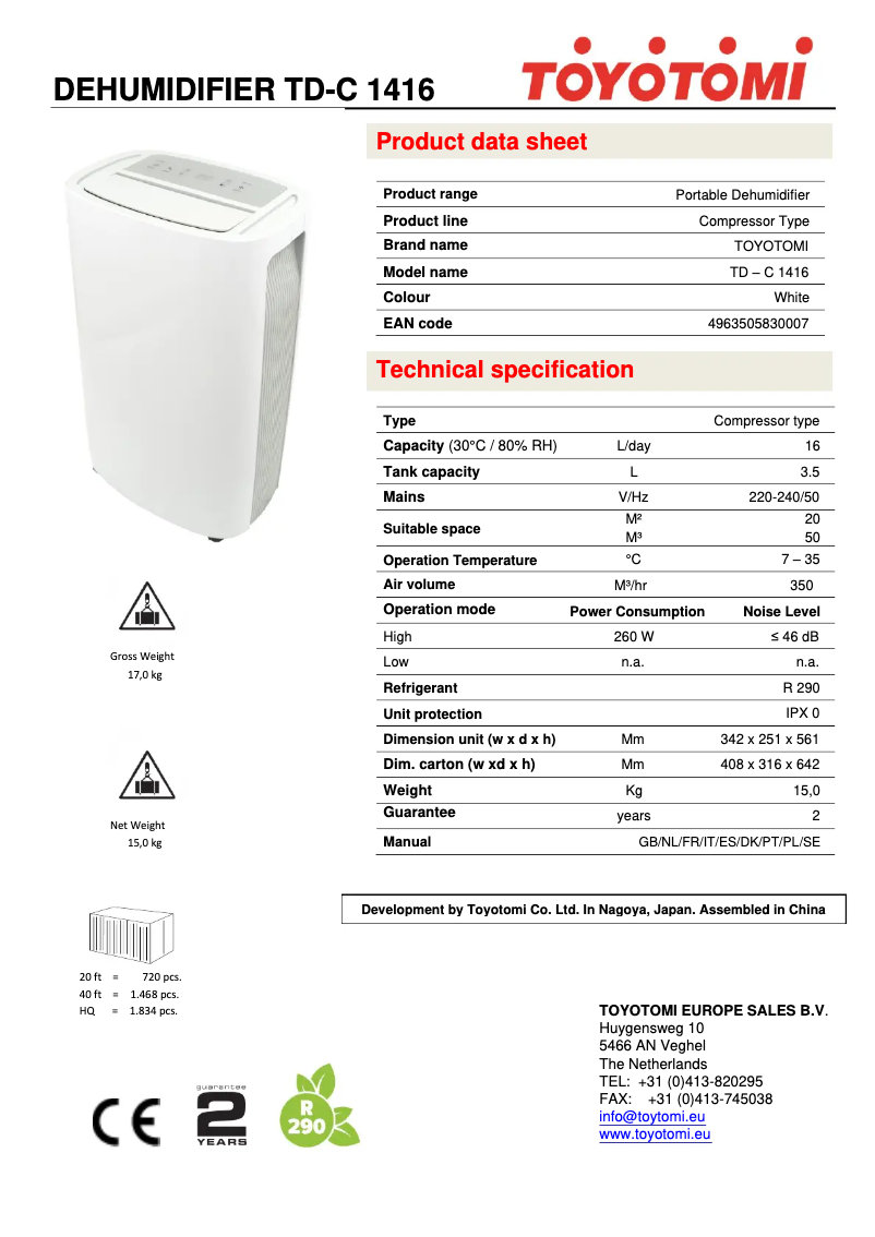 Page 1 de la notice Fiche technique Toyotomi TD-C1416