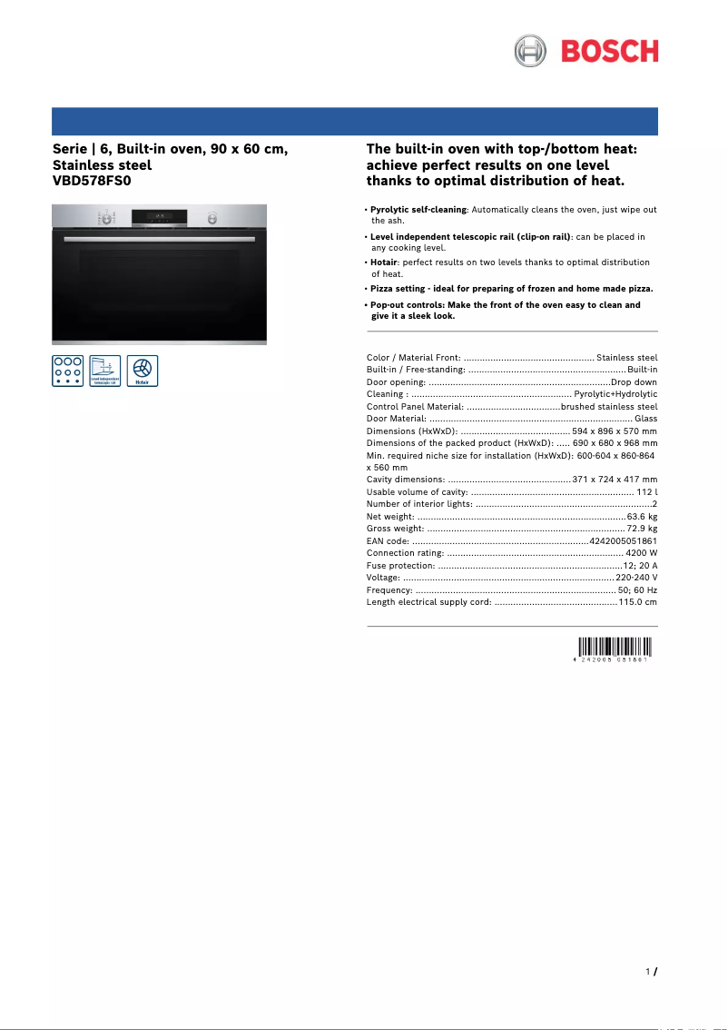 Page 1 de la notice Fiche technique Bosch VBD578FS0