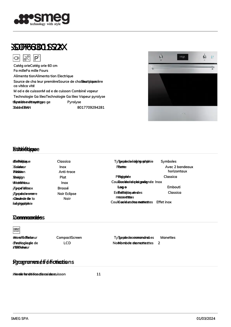 Página 1 del manual Ficha técnica Smeg SOP6301S2X