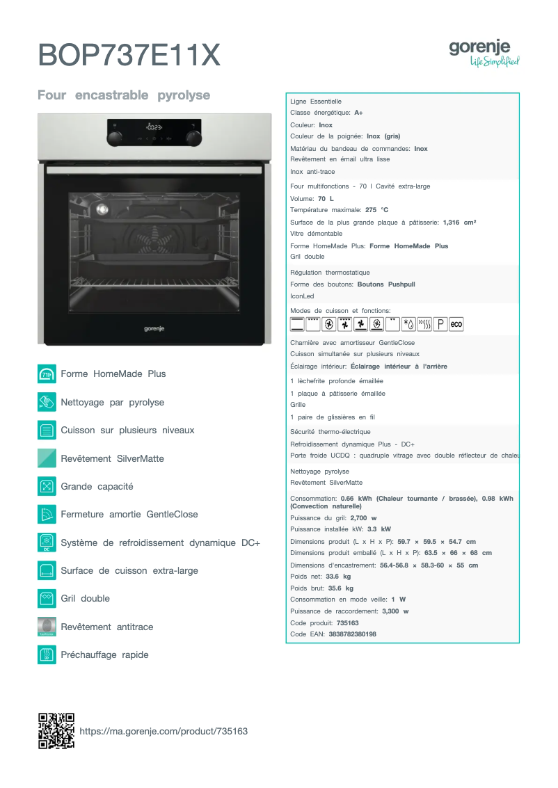 Página 1 del manual Ficha técnica Gorenje BOP737E11X