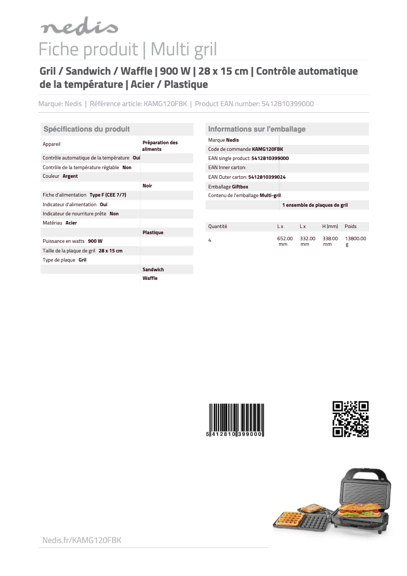 Page 1 de la notice Fiche technique Nedis KAMG120FBK