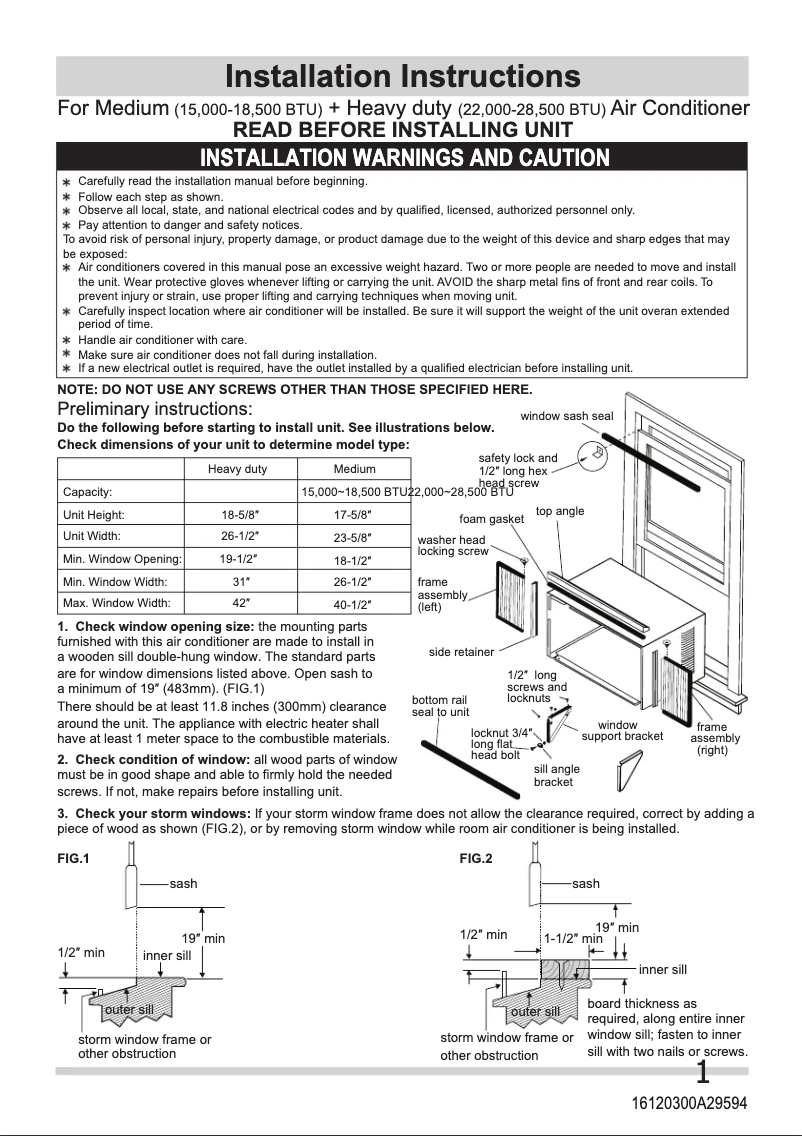 Page n°1 - Guide d'installation Frigidaire FHWE232WB2
