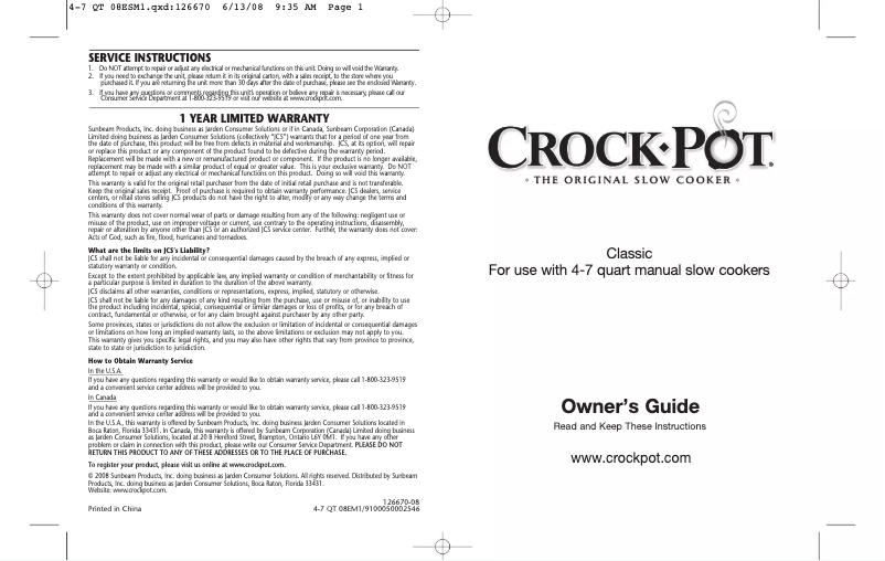 Page 1 de la notice Manuel utilisateur Crock-Pot Classic 5070-VG