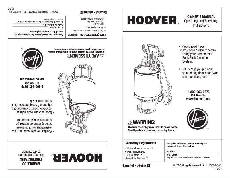 Page 1 de la notice Manuel utilisateur Hoover Backpack C2401