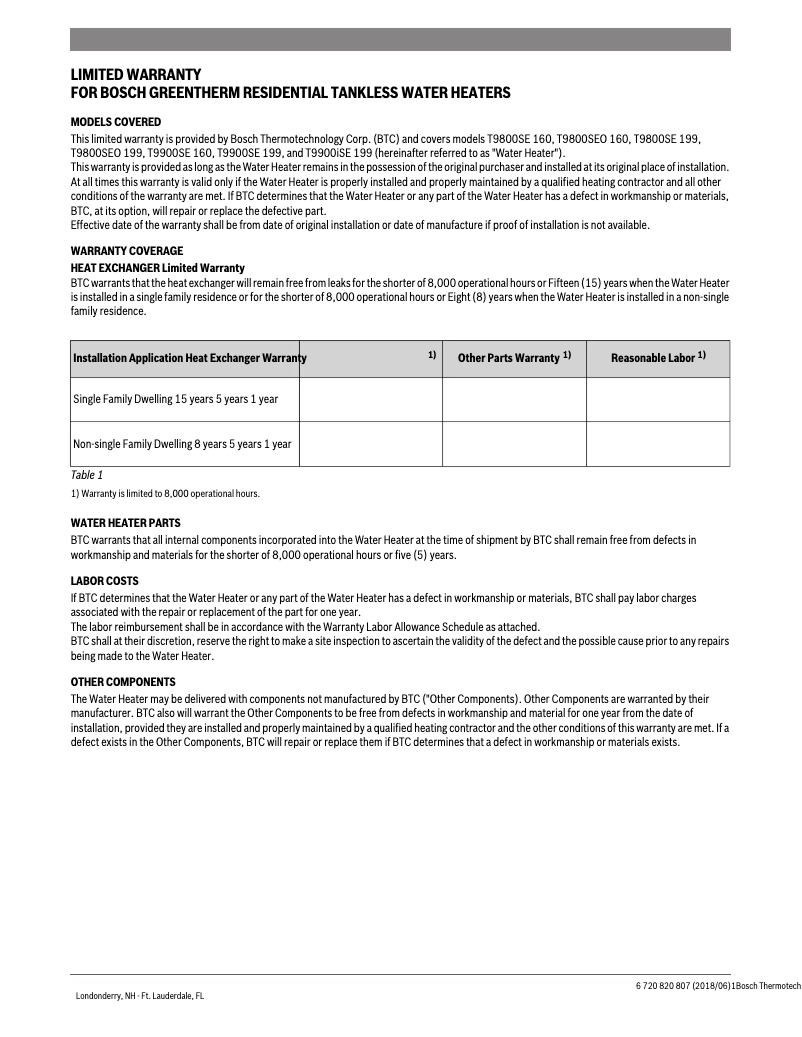 Page n°1 - Informations de garantie Bosch Greentherm T9800 SE 160/199