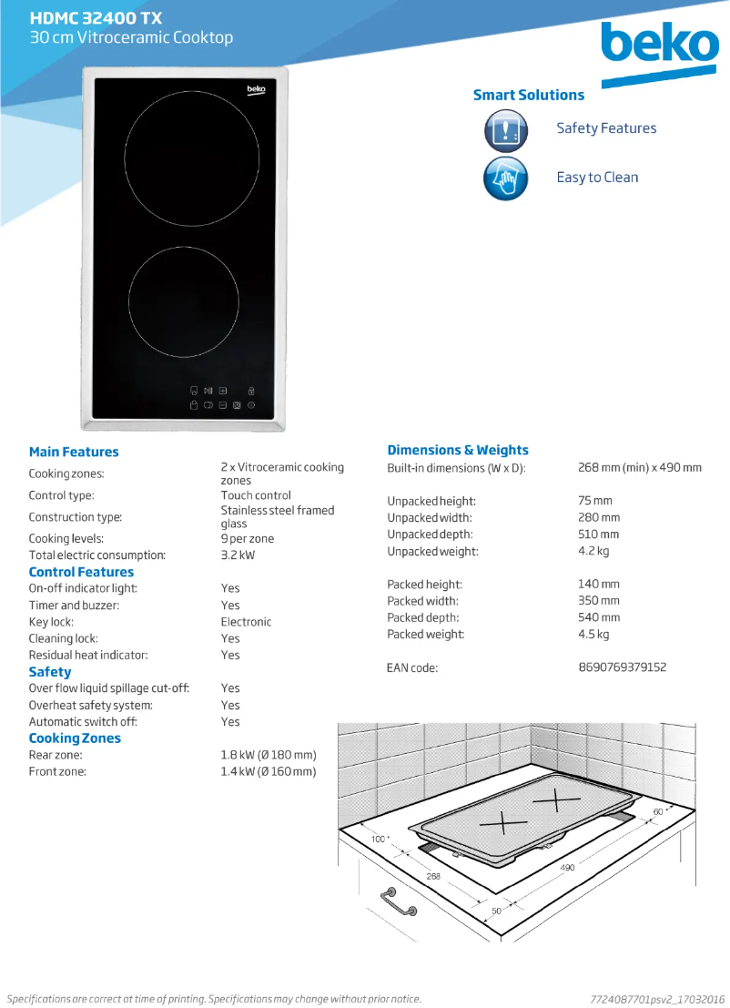 Page 1 de la notice Fiche technique Beko HDMC32400TX