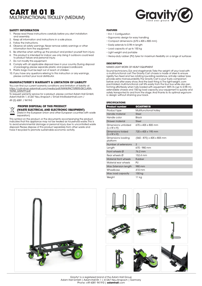Page 1 de la notice Fiche technique Gravity CART M 01 B