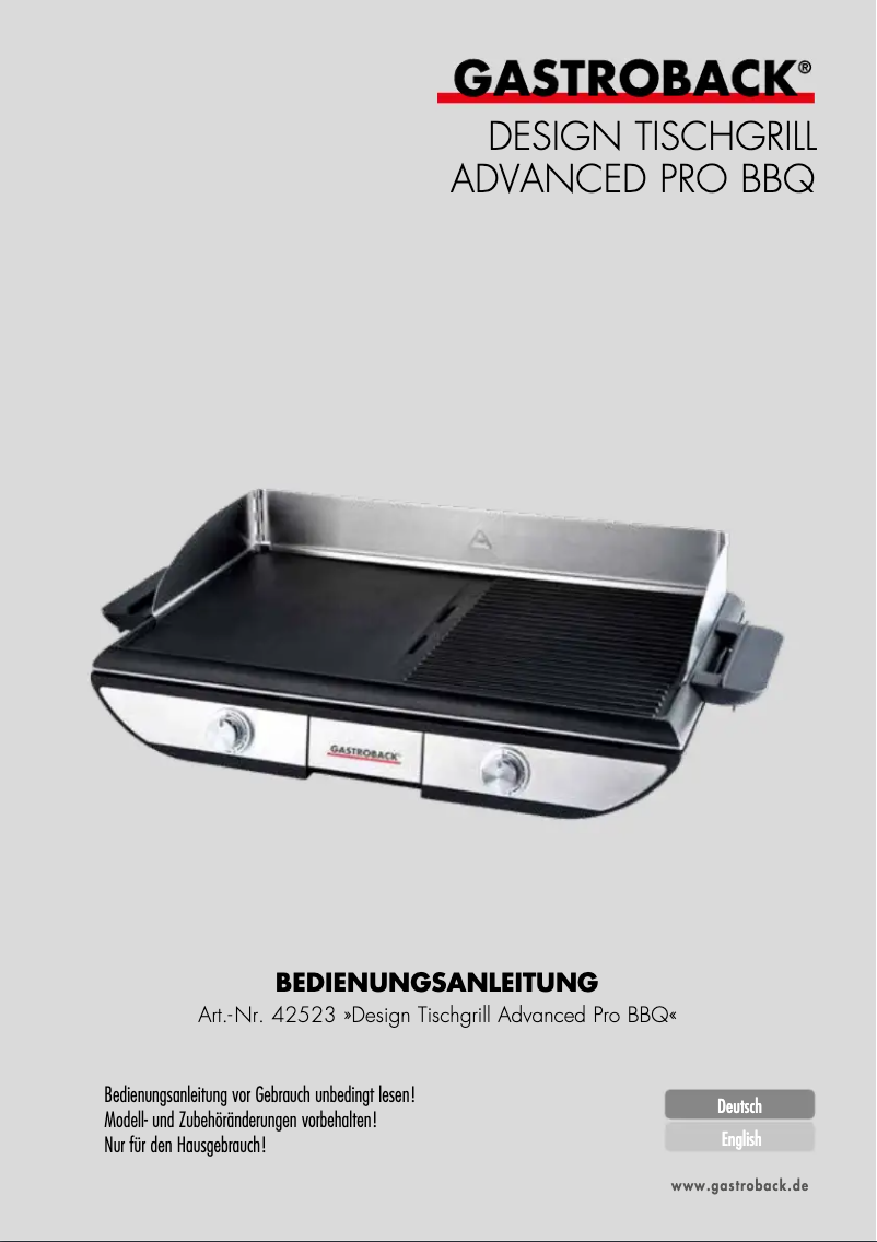 Page 1 de la notice Manuel utilisateur Gastroback Advanced Pro BBQ 42523