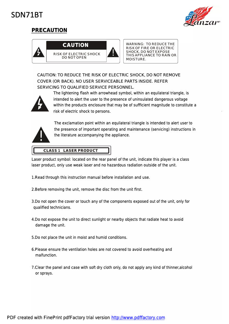 Imagen de la primera página del manual del dispositivo SDN71BT