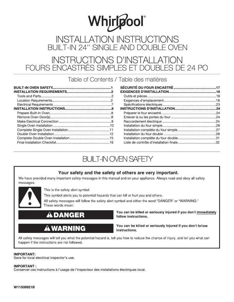 Page 1 de la notice Guide d'installation Whirlpool WOS52ES4MW