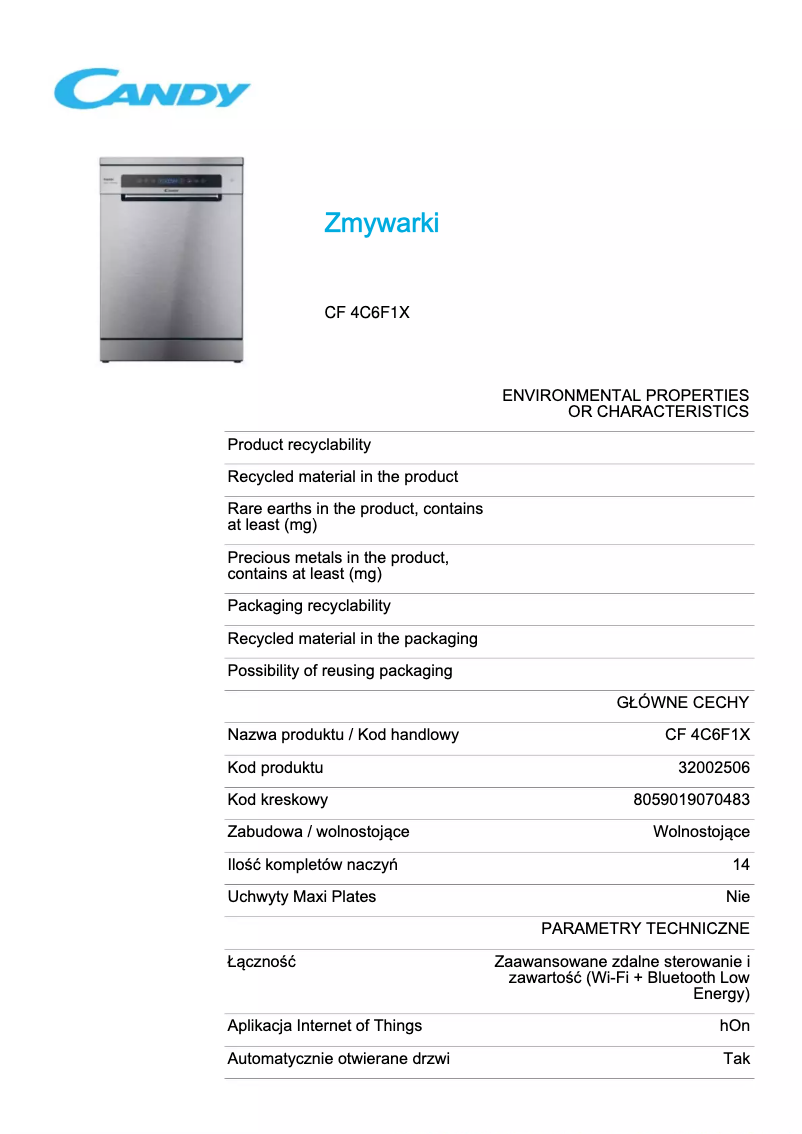 Page 1 de la notice Fiche technique Candy CF 4C6F1X