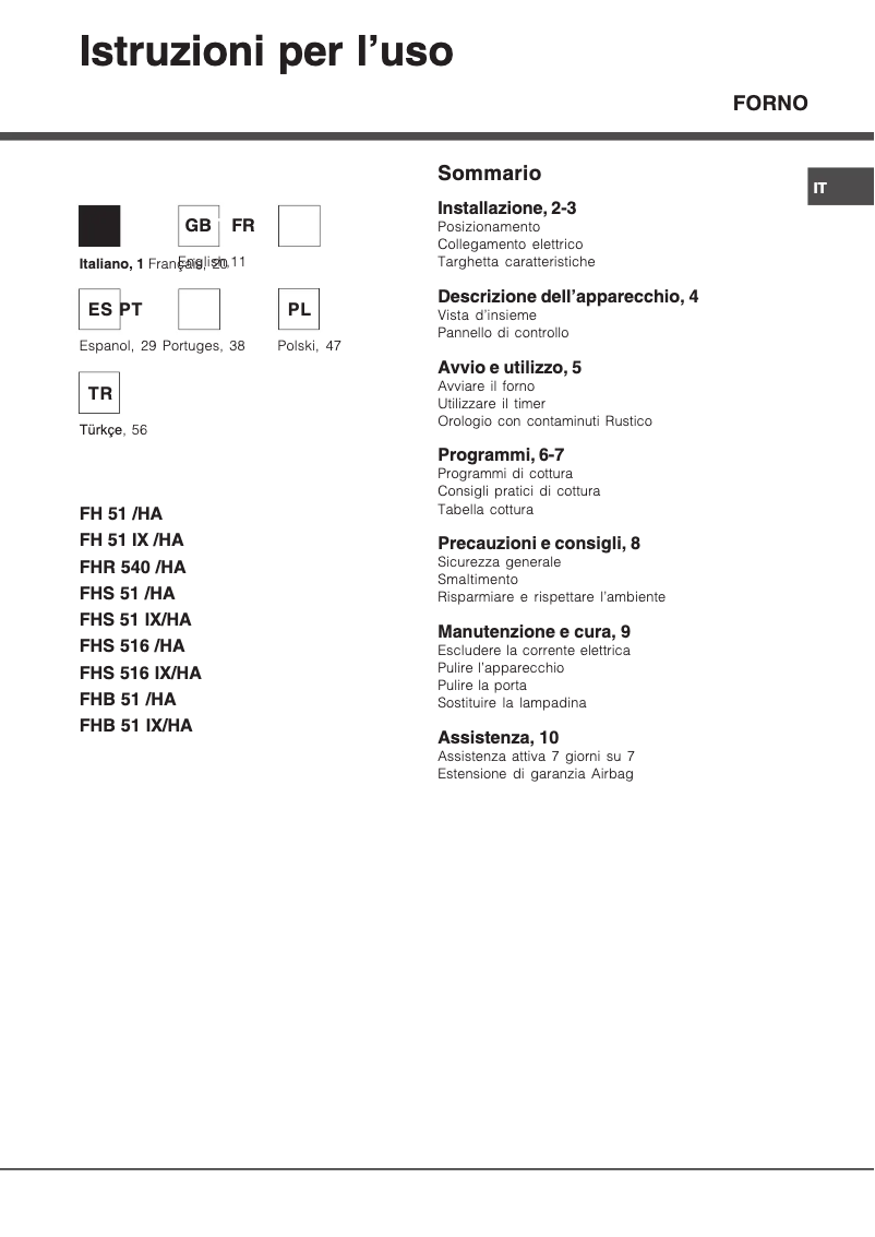Page 1 de la notice Manuel utilisateur Hotpoint Ariston FH 51 BK