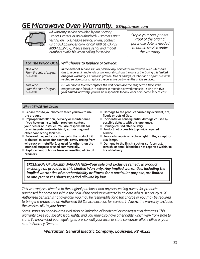 Page 1 de la notice Informations de garantie GE Profile PVM9005SJSS