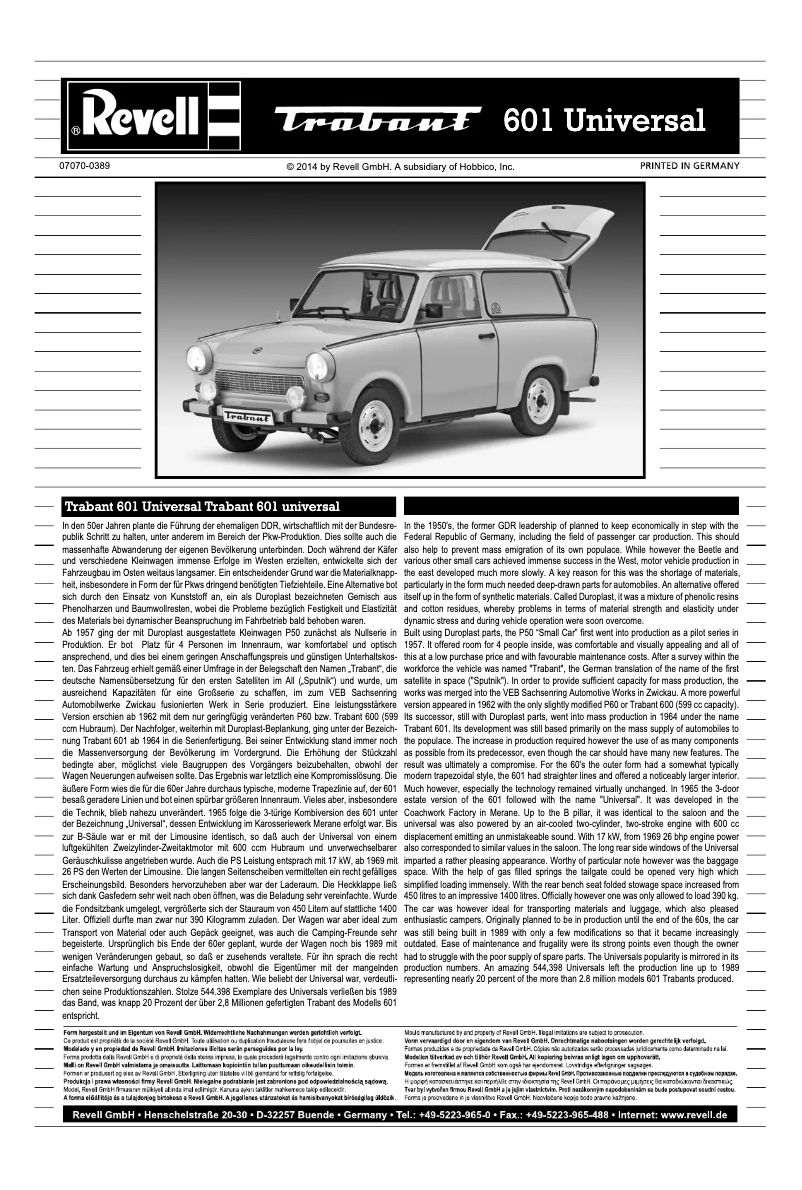 Page n°1 - Manuel utilisateur Revell Trabant 601 Universal