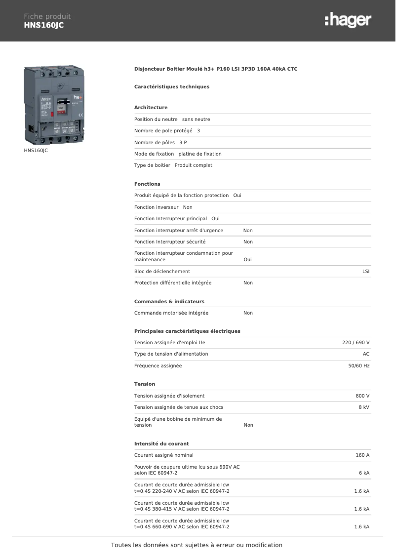 Page 1 de la notice Fiche technique Hager HNS160JC