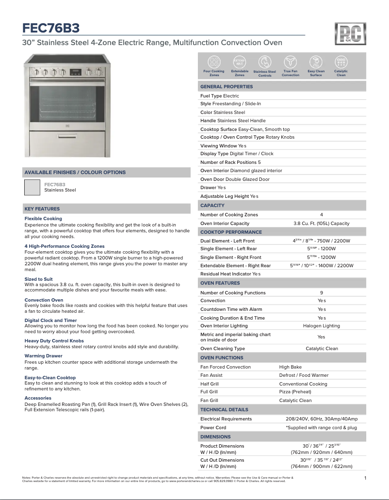 Página 1 del manual Ficha técnica Porter & Charles FEC76B3