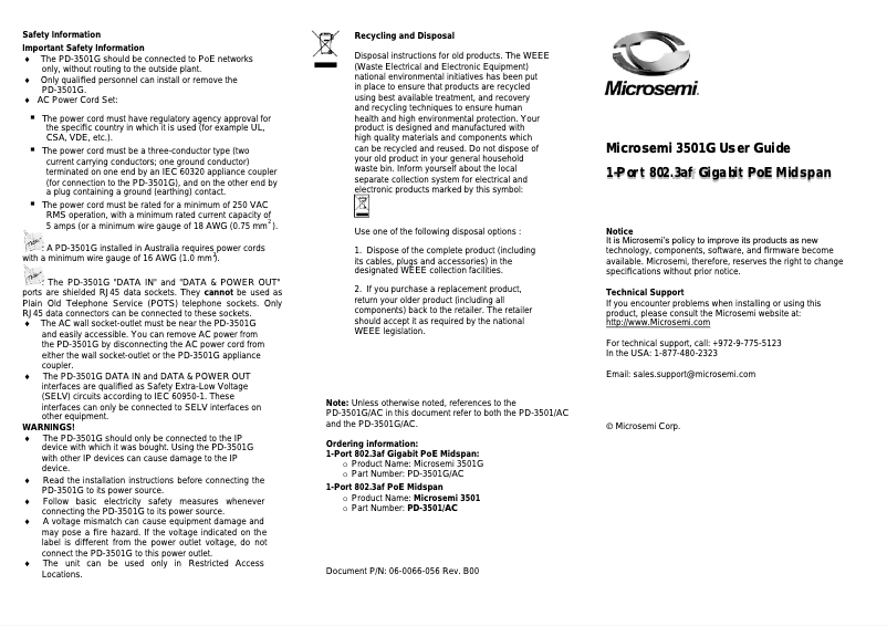 Page n°1 - Manuel utilisateur Microsemi PD-3501G/AC