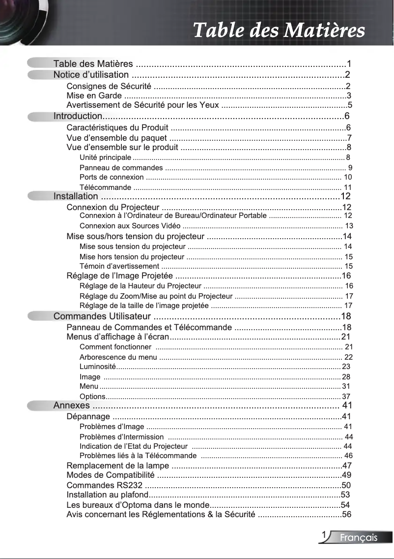 Page 1 de la notice Manuel utilisateur Optoma EP728I