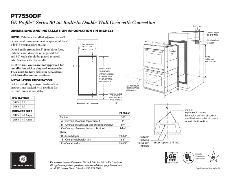 Page 1 de la notice Fiche technique GE Profile PT7550DFWW