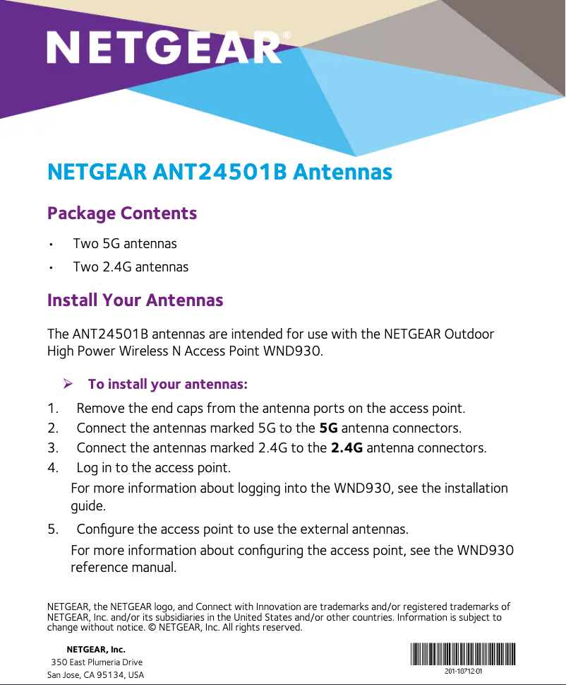 Page n°1 - Guide d'installation Netgear ProSafe ANT24501B