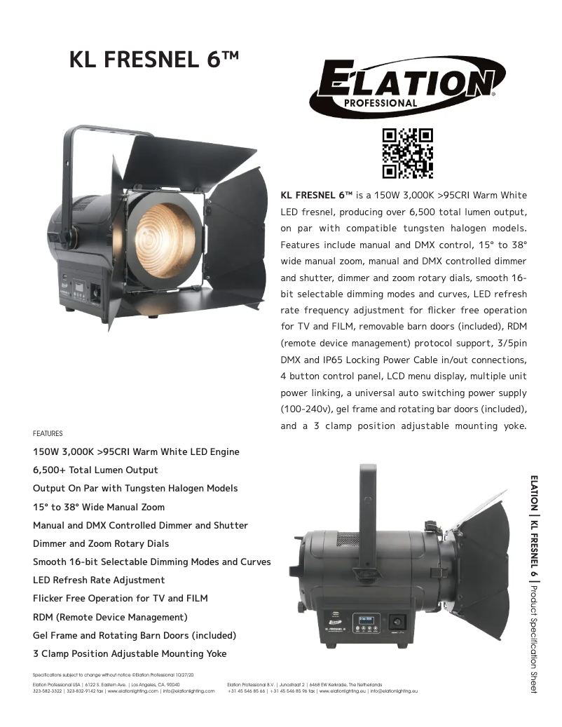 Page 1 de la notice Fiche technique Elation KL Fresnel 6