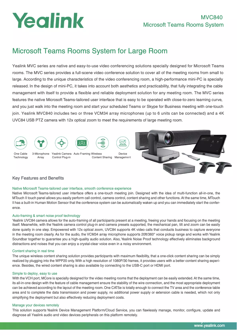 Page 1 de la notice Fiche technique Yealink MVC840