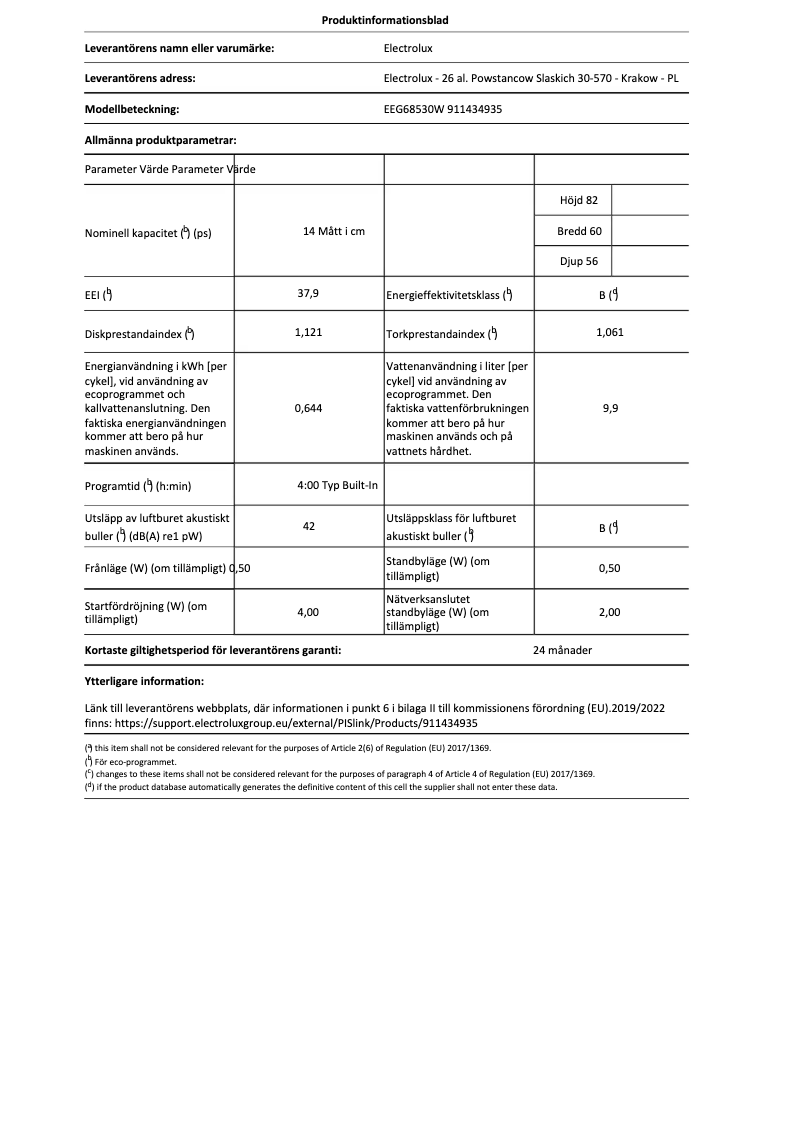 Page 1 de la notice Fiche technique Electrolux EEG68530W