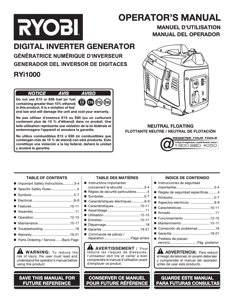 Page n°1 - Manuel utilisateur RYOBI RYi1000
