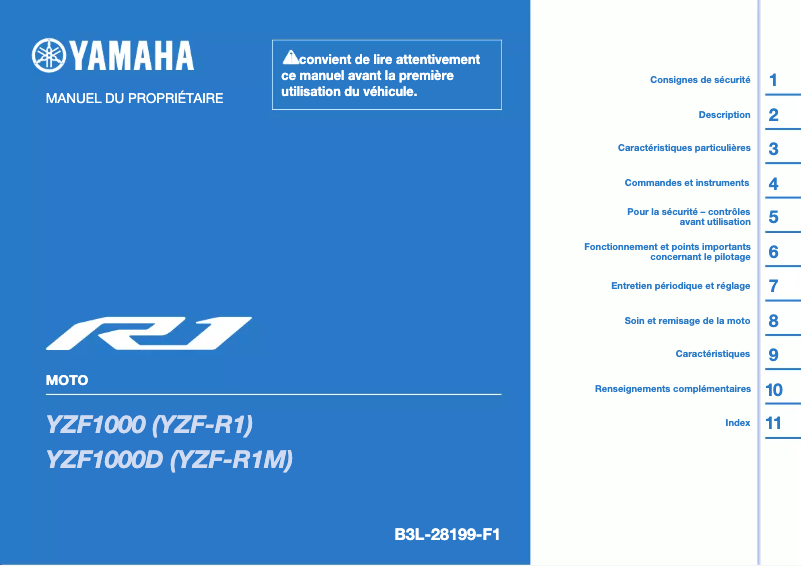 Image de la première page du manuel de l'appareil YZF-R1 (2022)