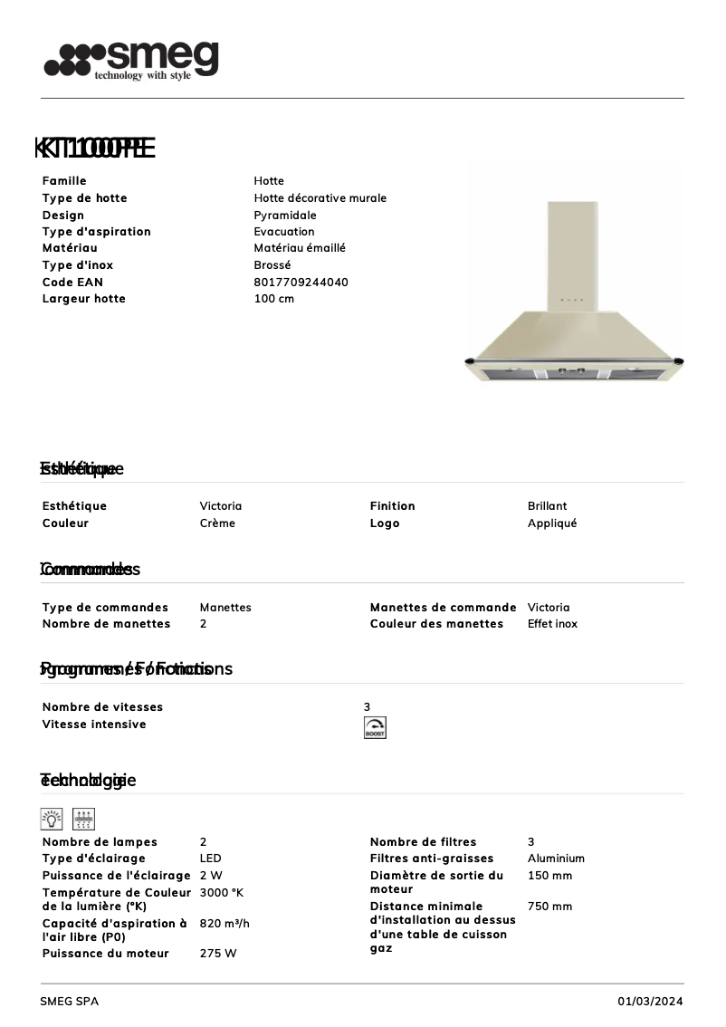 Page 1 de la notice Fiche technique Smeg KT100PE
