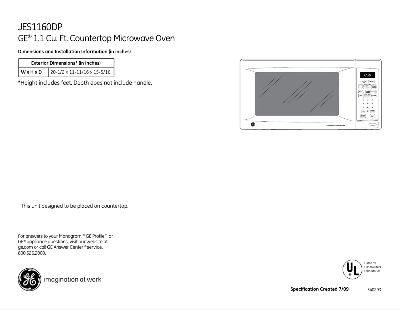 Page 1 de la notice Fiche technique GE JES1160DPWW