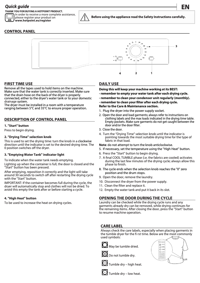 Page n°1 - Manuel utilisateur Hotpoint H2D81WUK