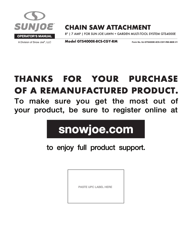 Page 1 de la notice Manuel utilisateur Sun Joe GTS4000E-8CS-CGY-RM